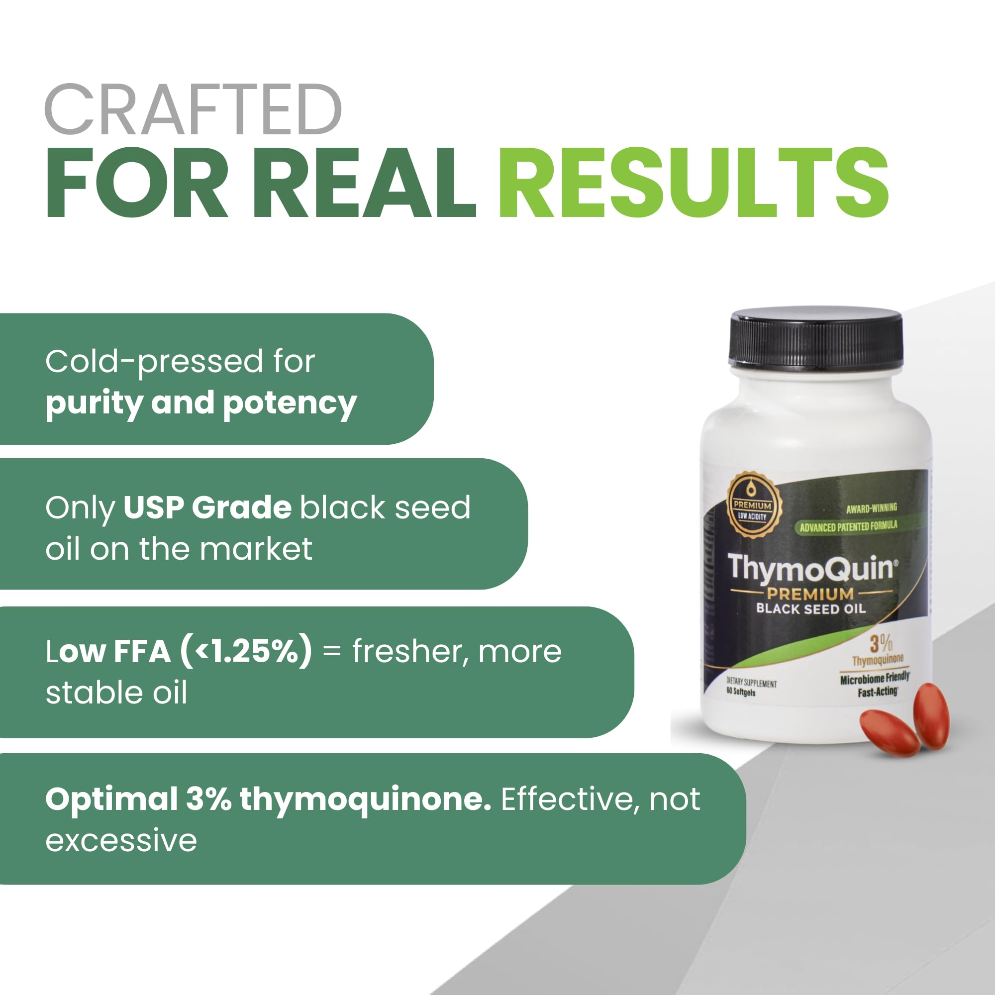 ThymoQuin softgel capsules close-up, smooth and easy to swallow.