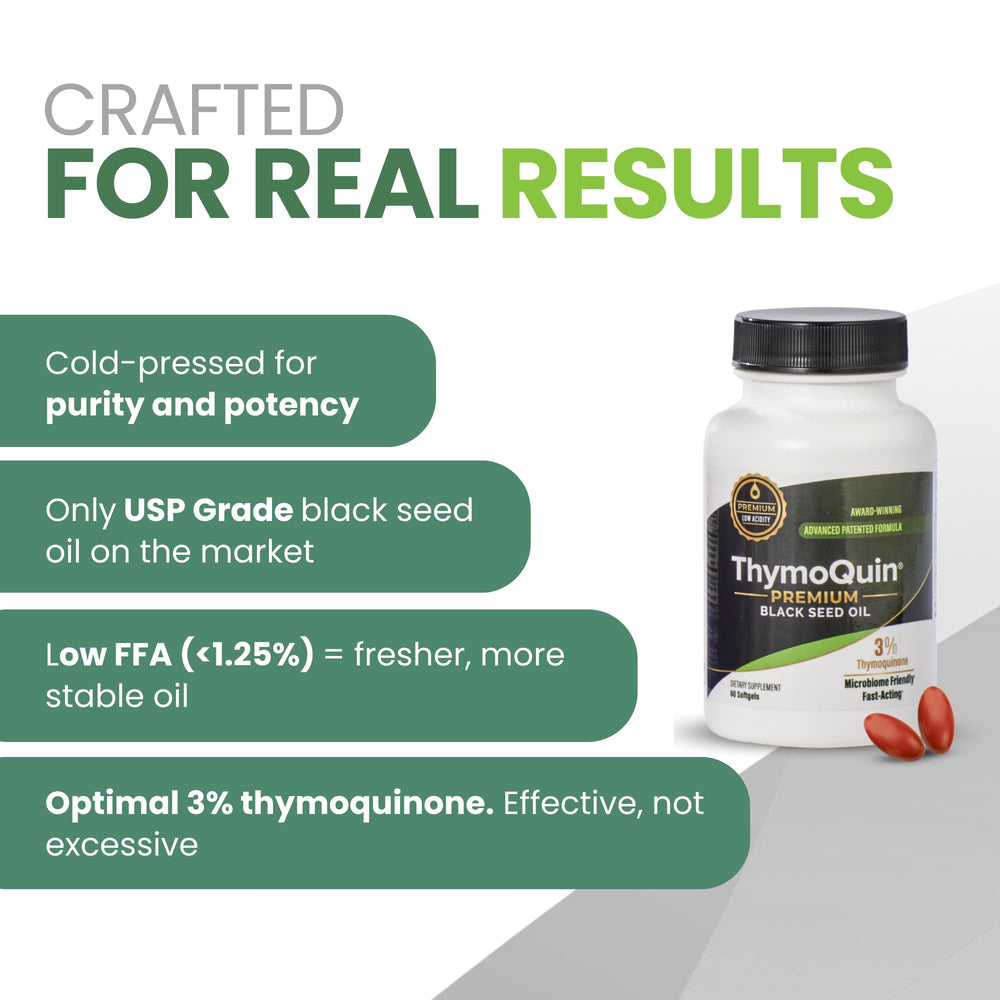 ThymoQuin softgel capsules close-up, smooth and easy to swallow.