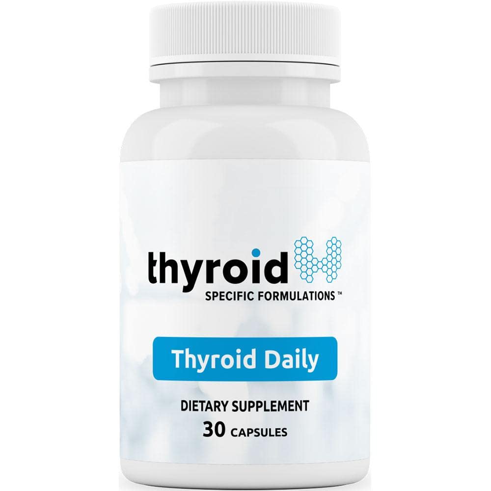 Thyroid Daily bottle label highlights the 19 essential nutrients for thyroid balance.