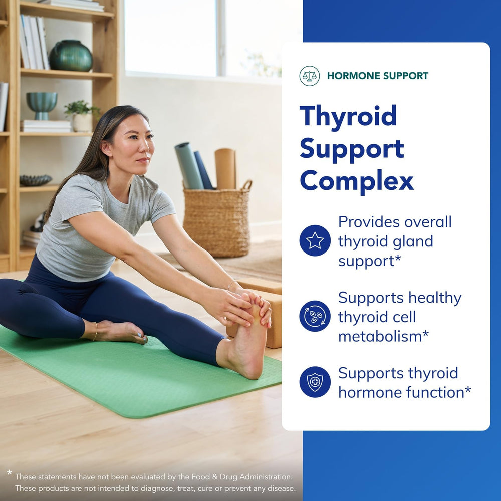 Pure Encapsulations Thyroid Support Complex ingredients label highlighting iodine and ashwagandha benefits.