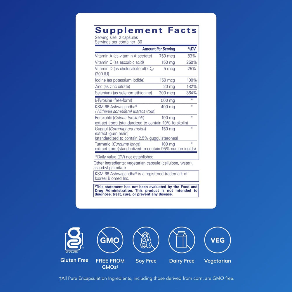 Pure Encapsulations Thyroid Support Complex capsule close-up showing small, easy-to-swallow pills.