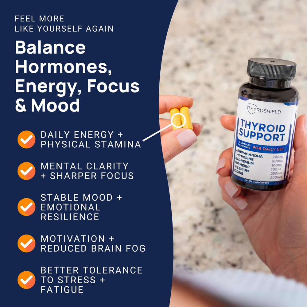 ThyroShield ashwagandha root emphasizing stress resilience and calm.