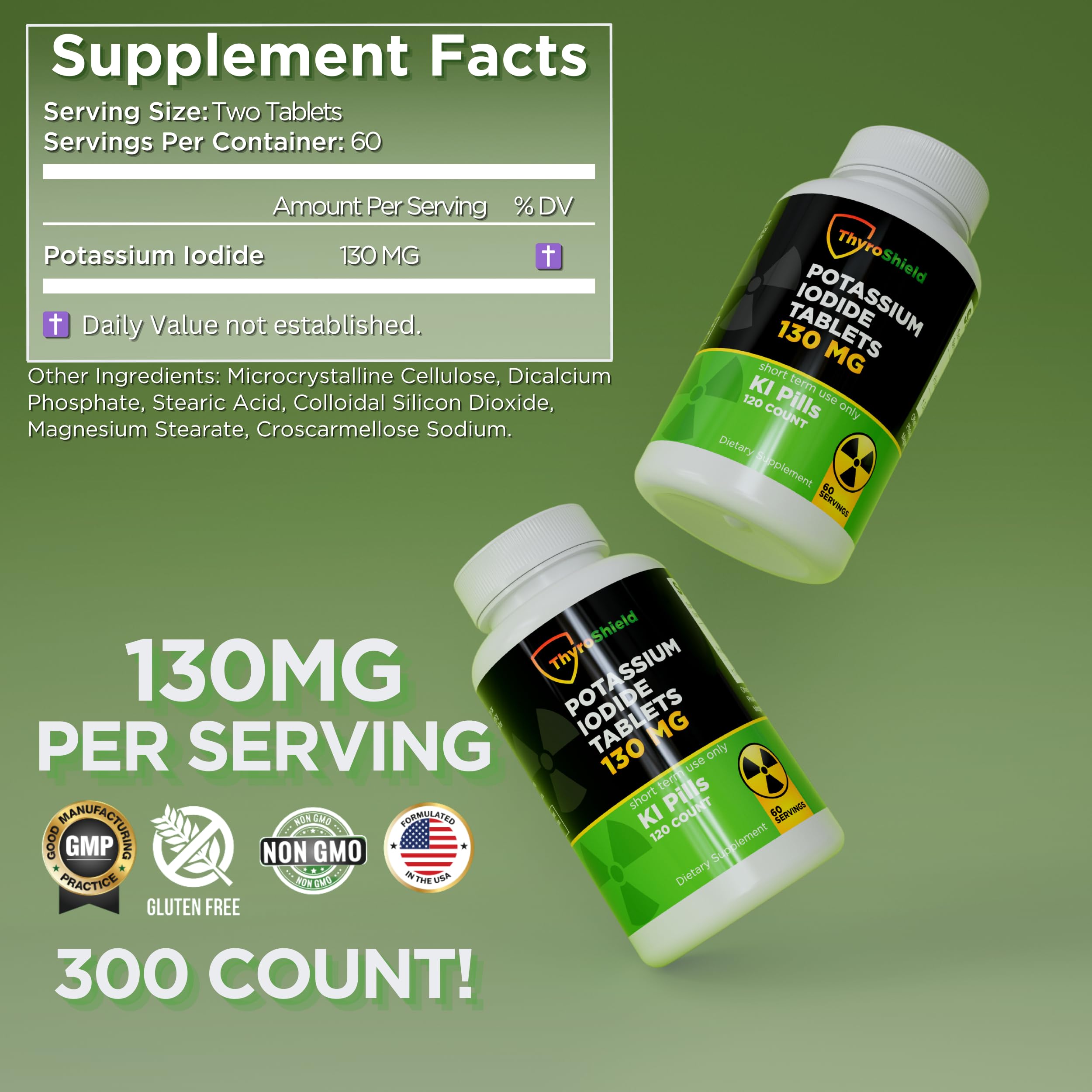 ThyroShield bottle label closeup shows USP grade potassium iodide tablets.