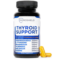 ThyroShield thyroid-support bottle promotes daily balance and natural energy.