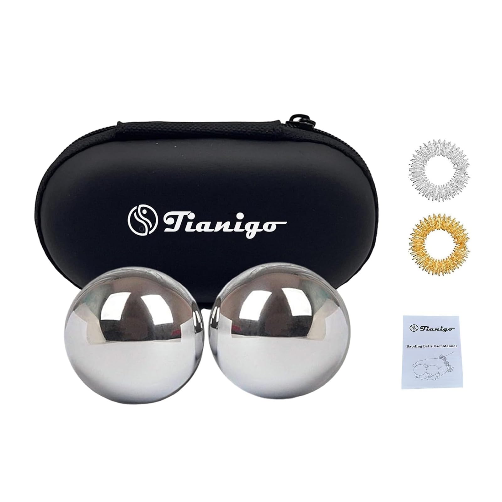 Tianigo Baoding balls close-up in stainless steel for smooth rotation and better finger dexterity.