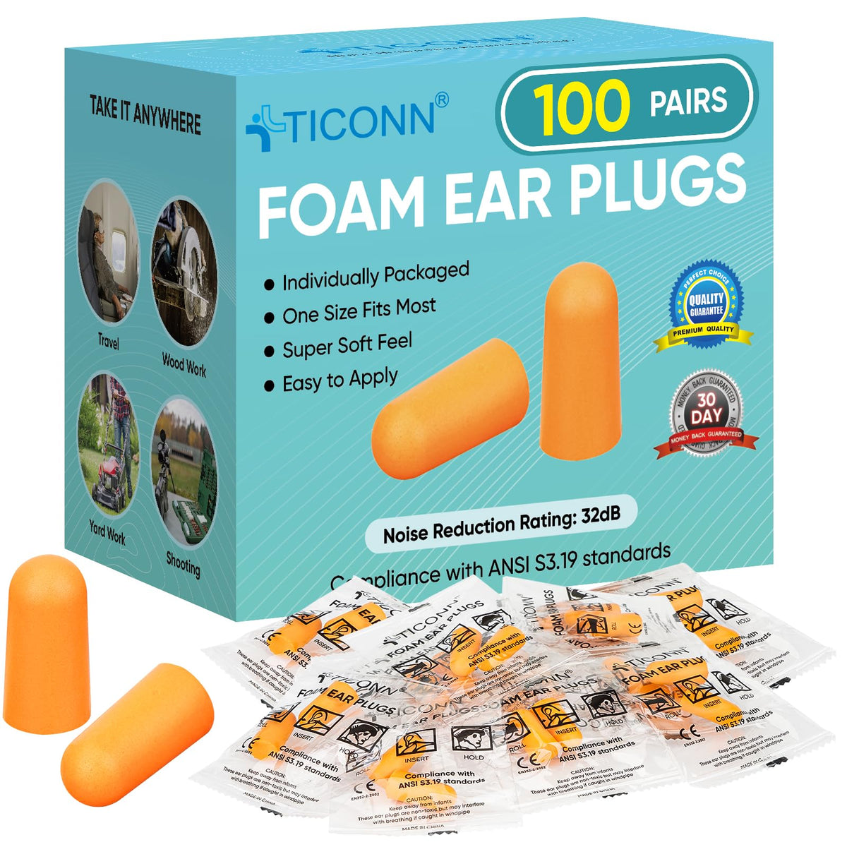 TICONN 100 Pairs Ear Plugs in packaging for easy storage and portability