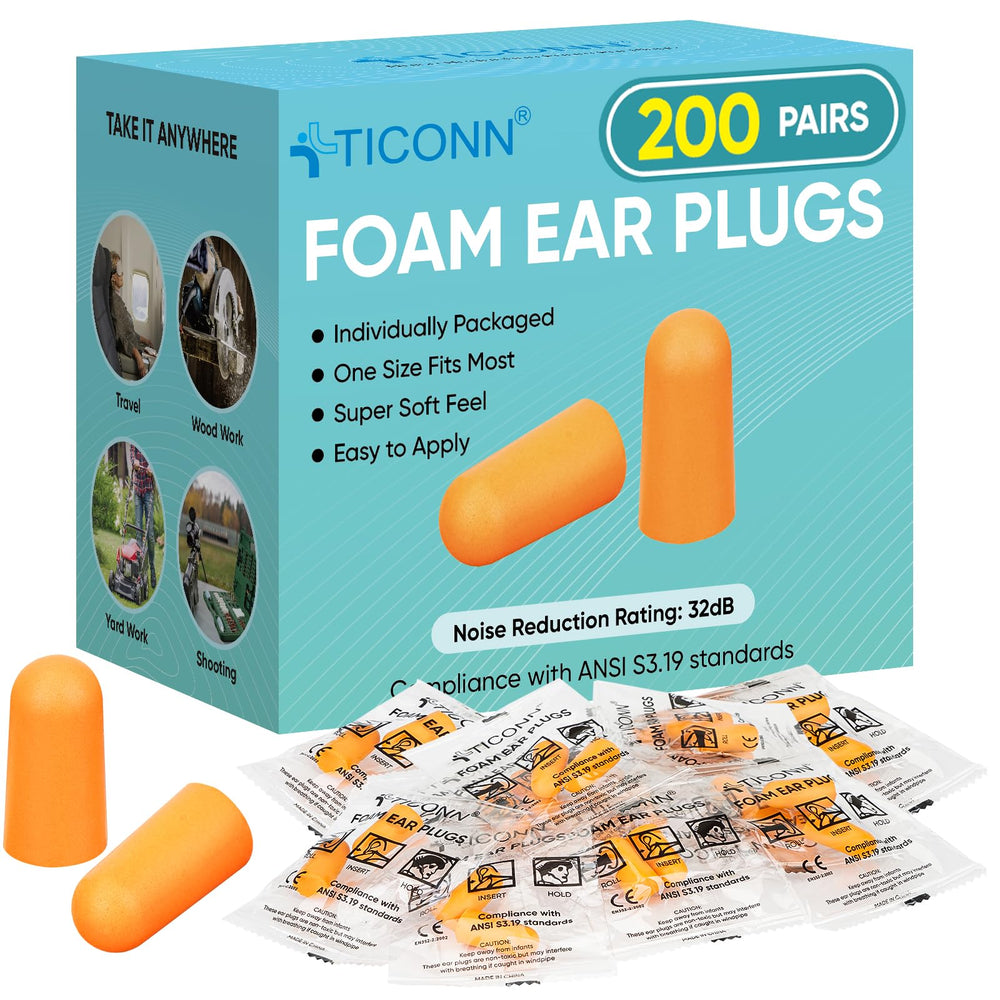 TICONN 200-pairs ear plugs packaging shows portable protection for travel.