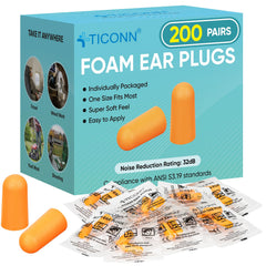 TICONN 200-pairs ear plugs packaging shows portable protection for travel.