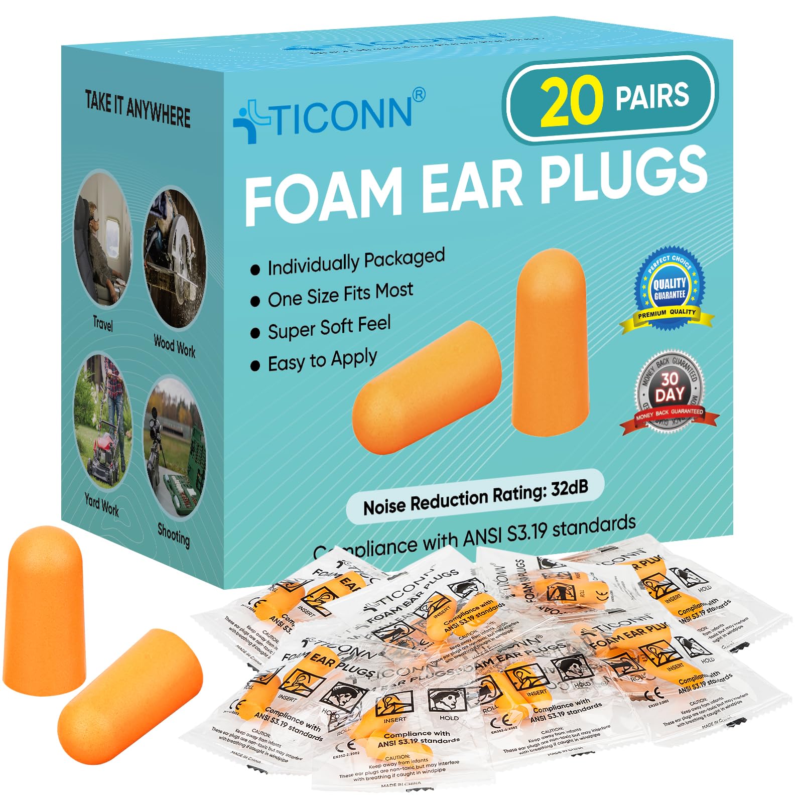 TICONN ear plugs with 32dB noise reduction for restful sleep