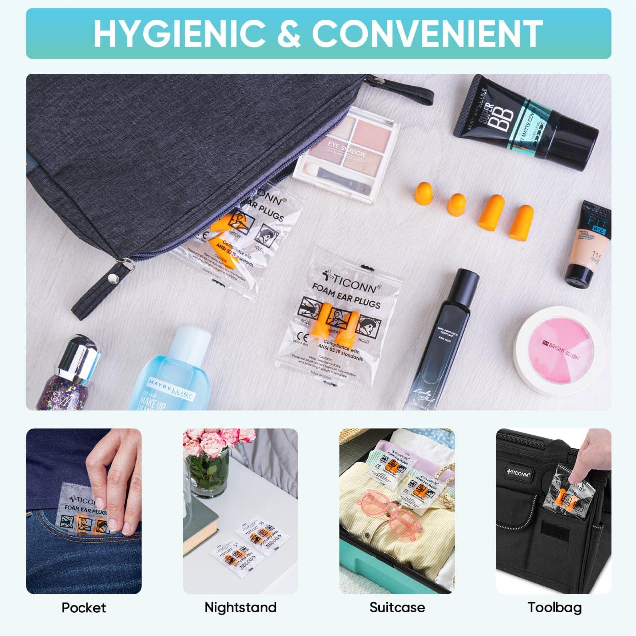 TICONN ear plugs shown for travel portability and easy access