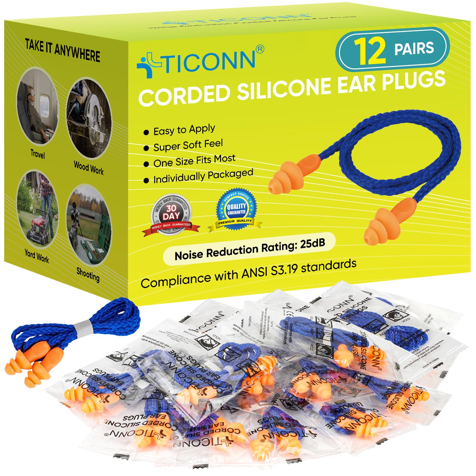 Tapones auditivos TICONN de silicona para dormir y empaque compacto.