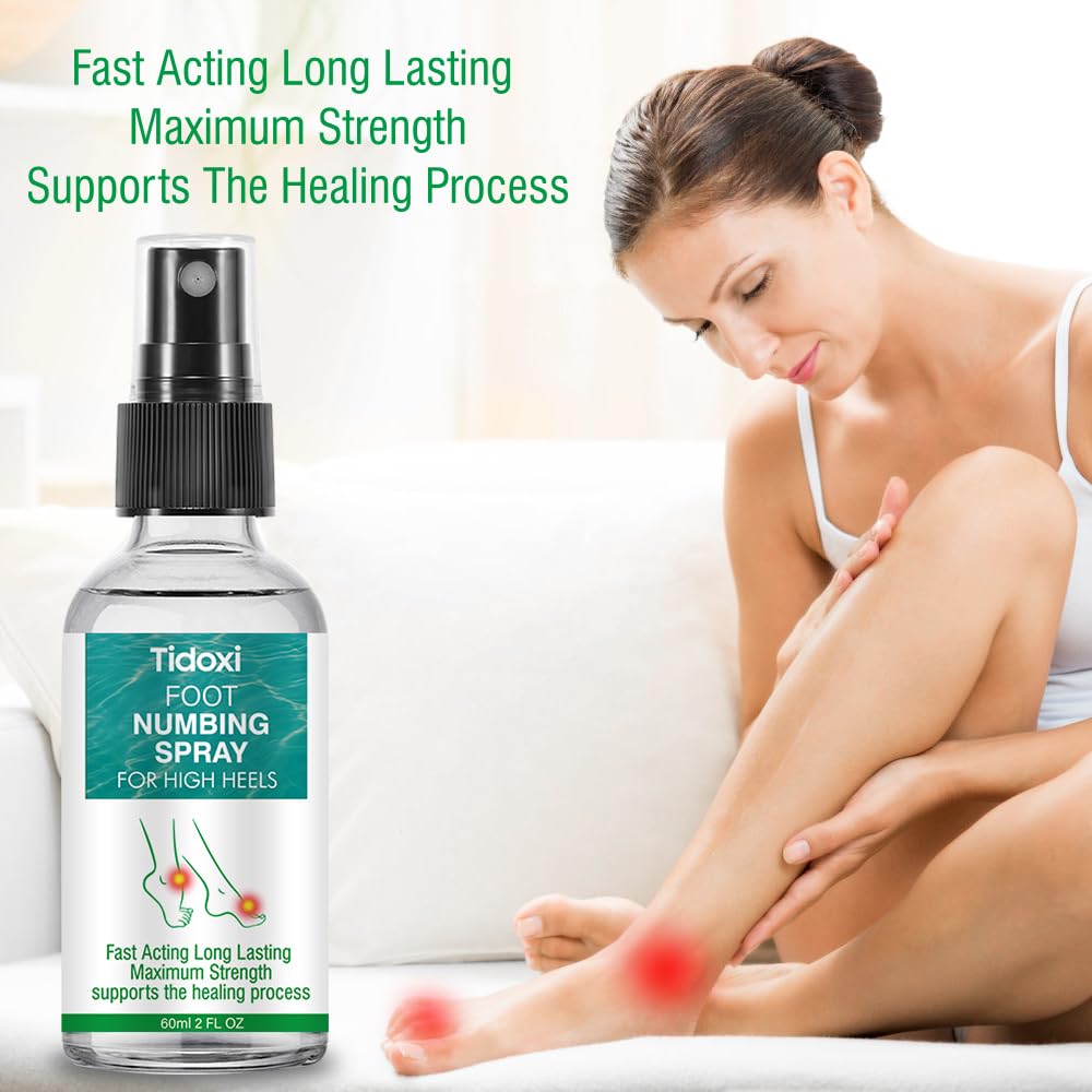 Tidoxi Foot Numbing Spray application demonstrates quick cooling relief for high heels fatigue.