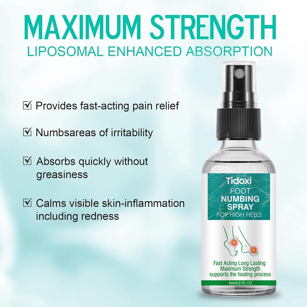 Tidoxi Foot Numbing Spray packaging emphasizes travel-friendly 60 ml size.