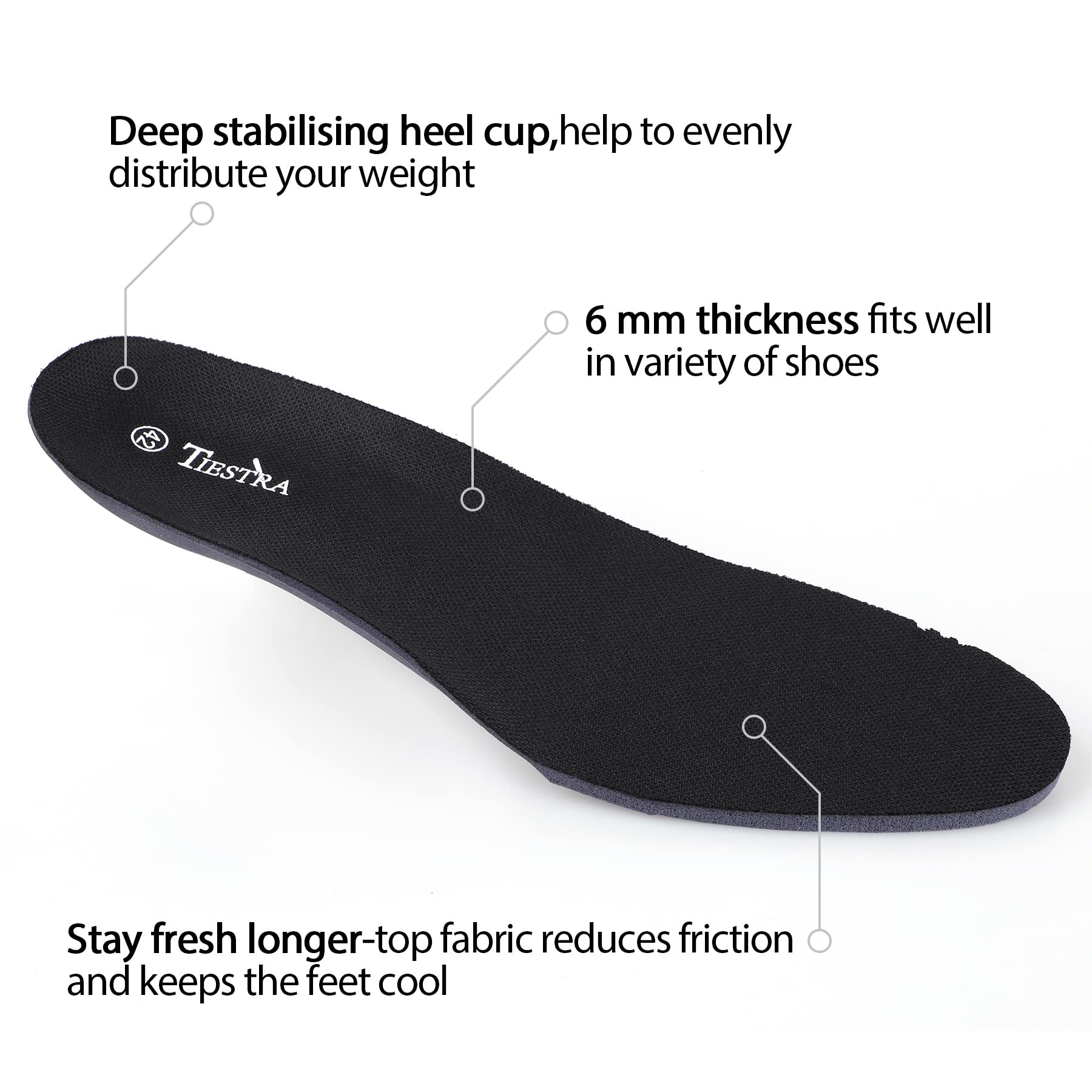 TIESTRA heel cup stabilizes heel for balanced landings.