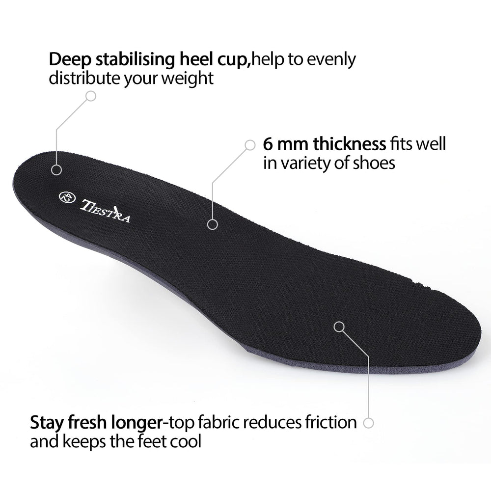 Tiestra heel cup support stabilizes the foot for natural impact absorption.