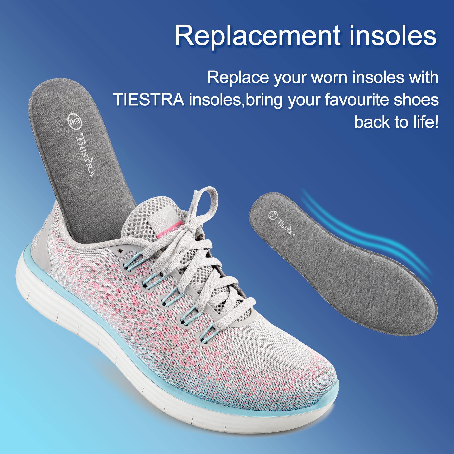 TIESTRA insoles in running shoe demonstrating replacement comfort