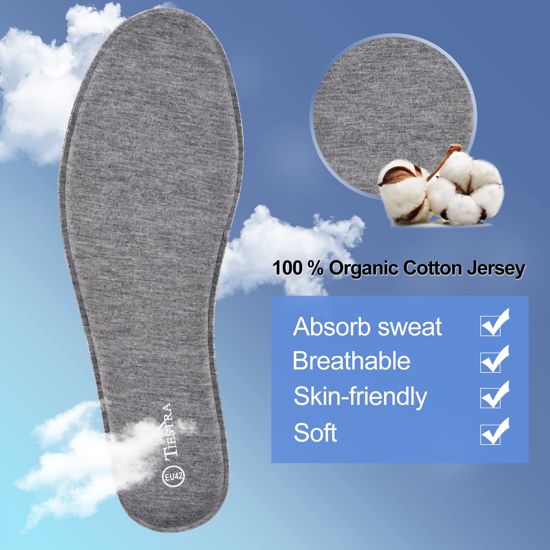 TIESTRA moisture-wicking breathable top layer keeps feet dry.