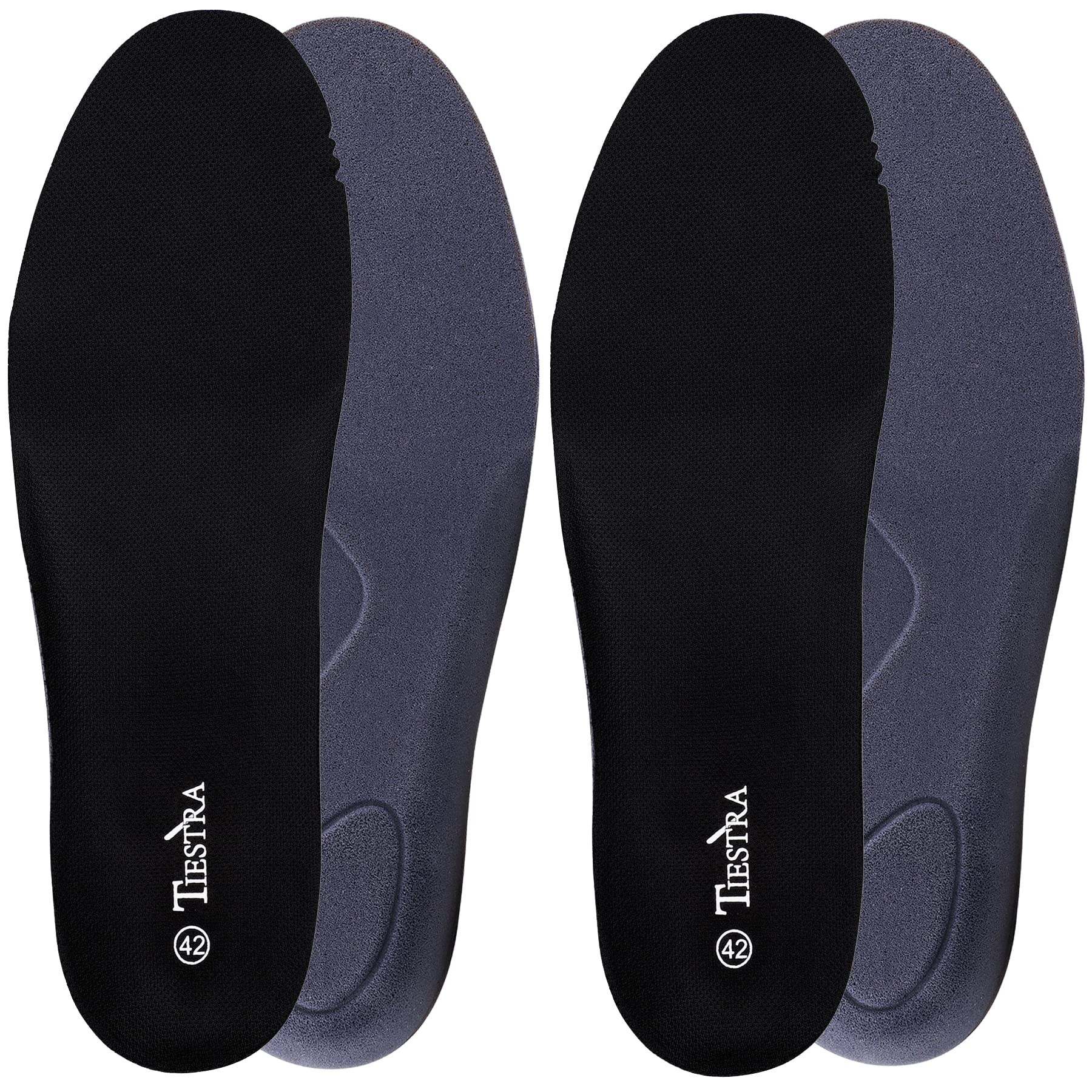 TIESTRA two-pair memory foam insoles deliver full-length cushioning for daily comfort.