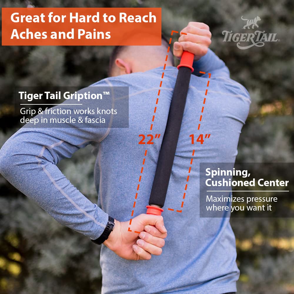 Tiger Tail portable handheld roller for on-the-go muscle relief.