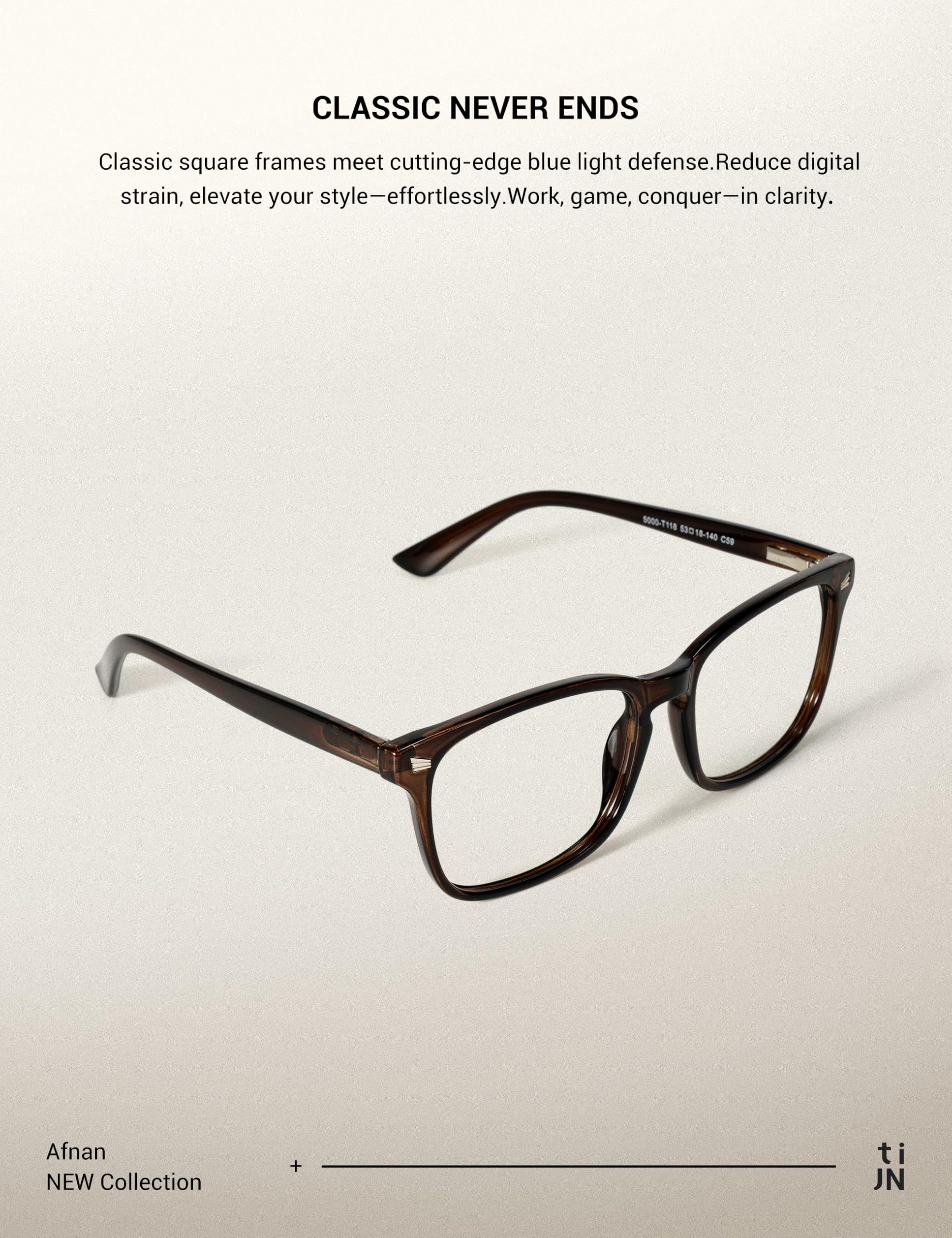 TIJN blue light blocking glasses clear frame highlighting yellow tint and blue light filter