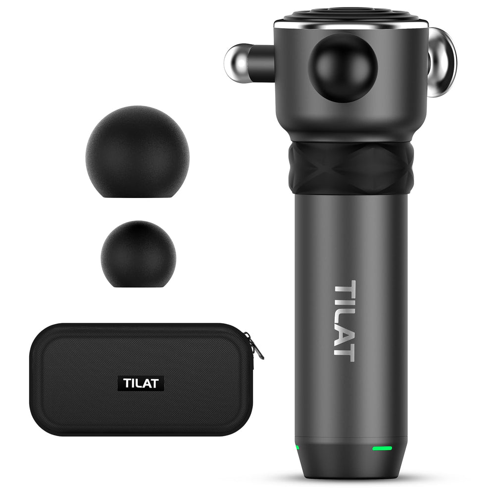 TILAT Massager Gun front view for deep tissue targeting and portability.
