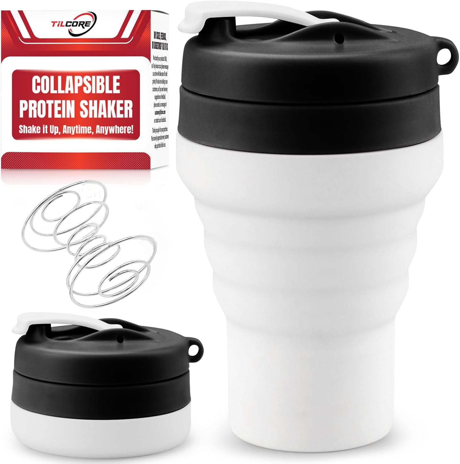 Tilcore collapsible protein shaker 600ml for space-saving gym use.