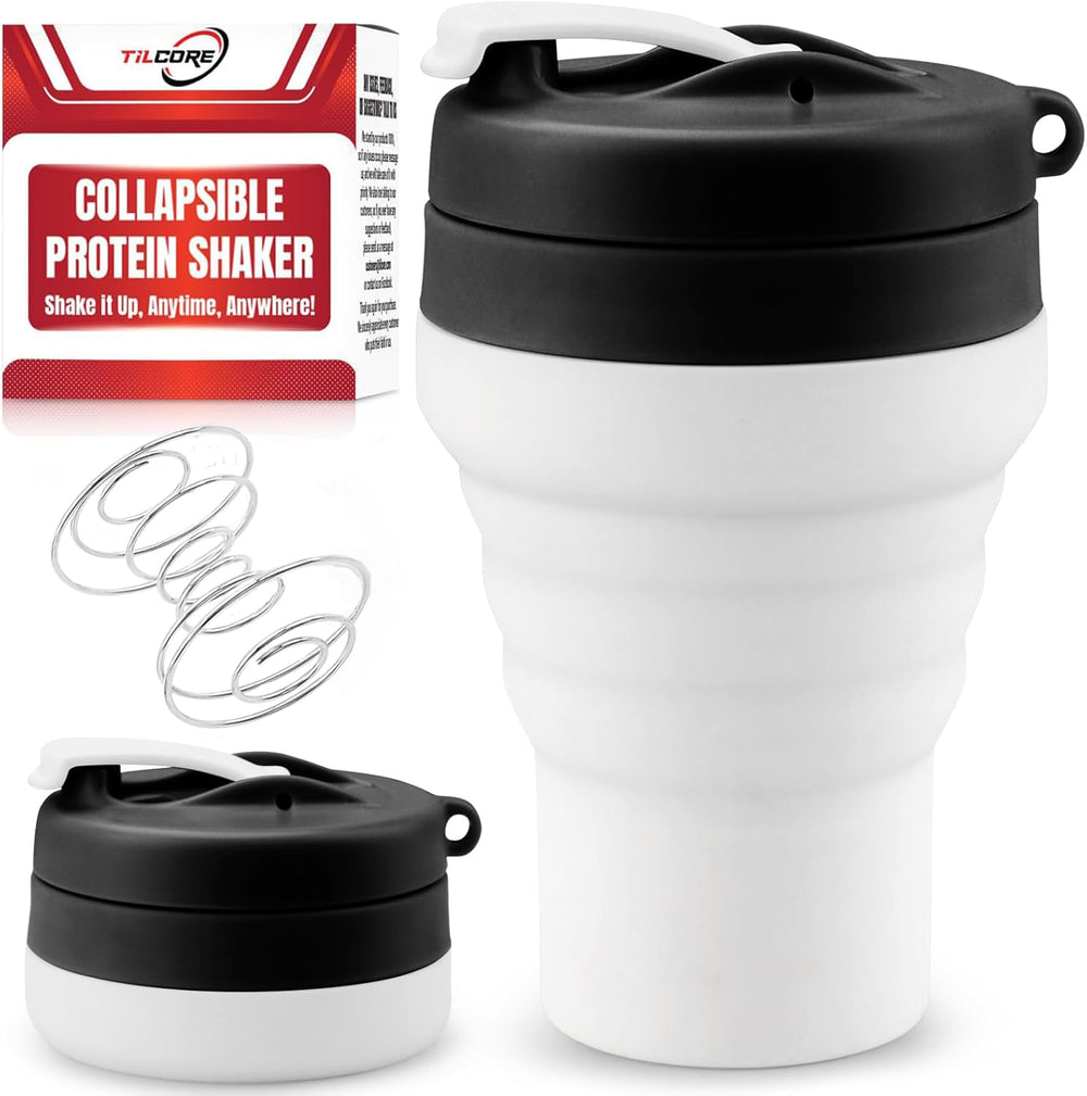 Tilcore collapsible protein shaker 600ml for space-saving gym use.