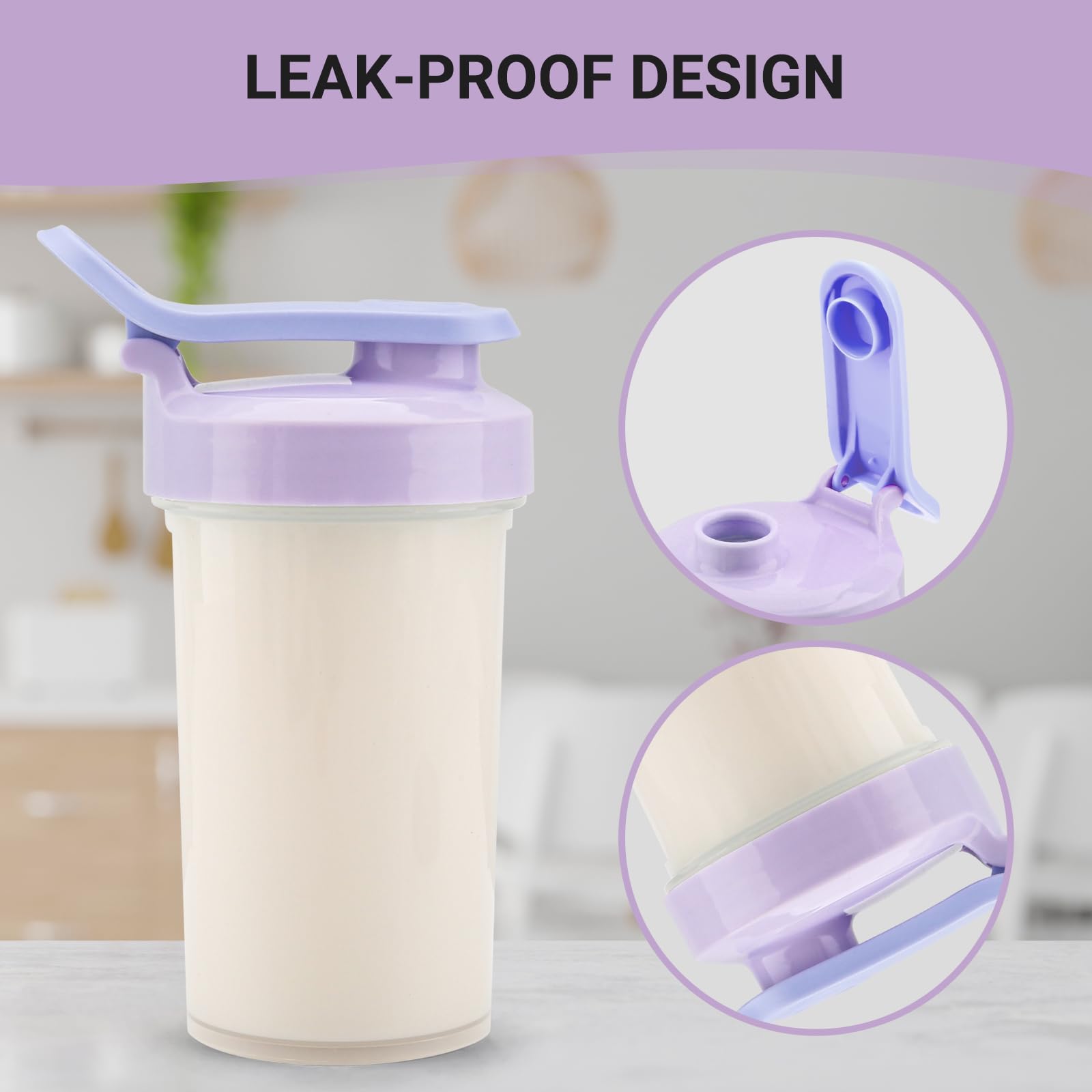 Tilcore leakproof lid on a 12oz shaker to prevent spills during travel.
