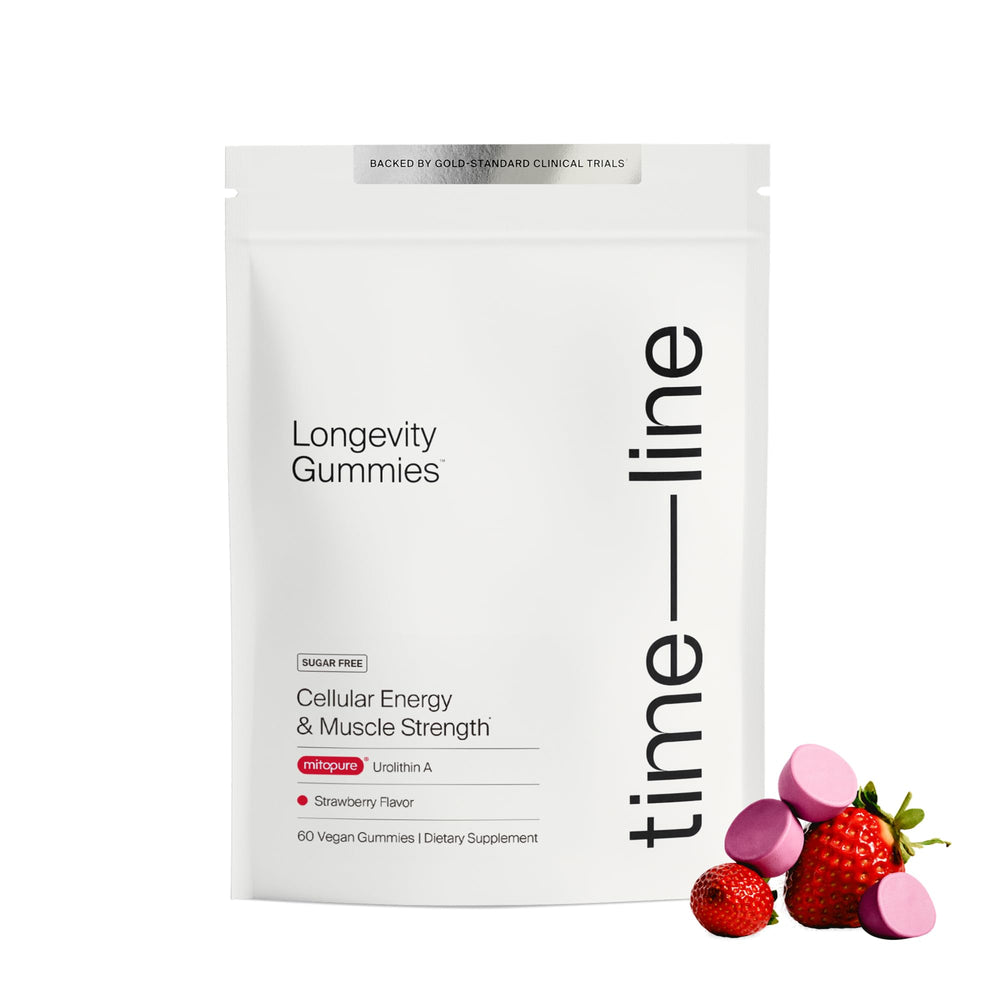 Timeline Mitopure gummies bottle on shelf for daily vitality support.