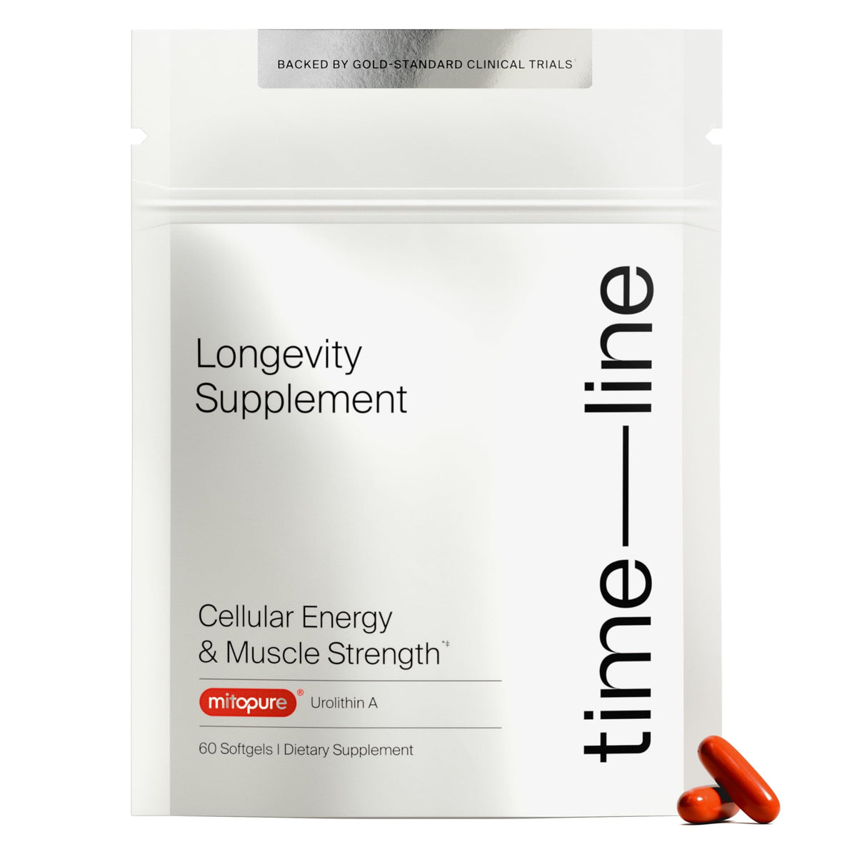Timeline Mitopure softgels bottle showcases ready-to-use daily longevity support.