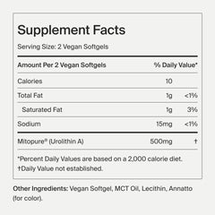 Timeline Mitopure softgels pour demonstrates simple daily dosing for cellular energy.