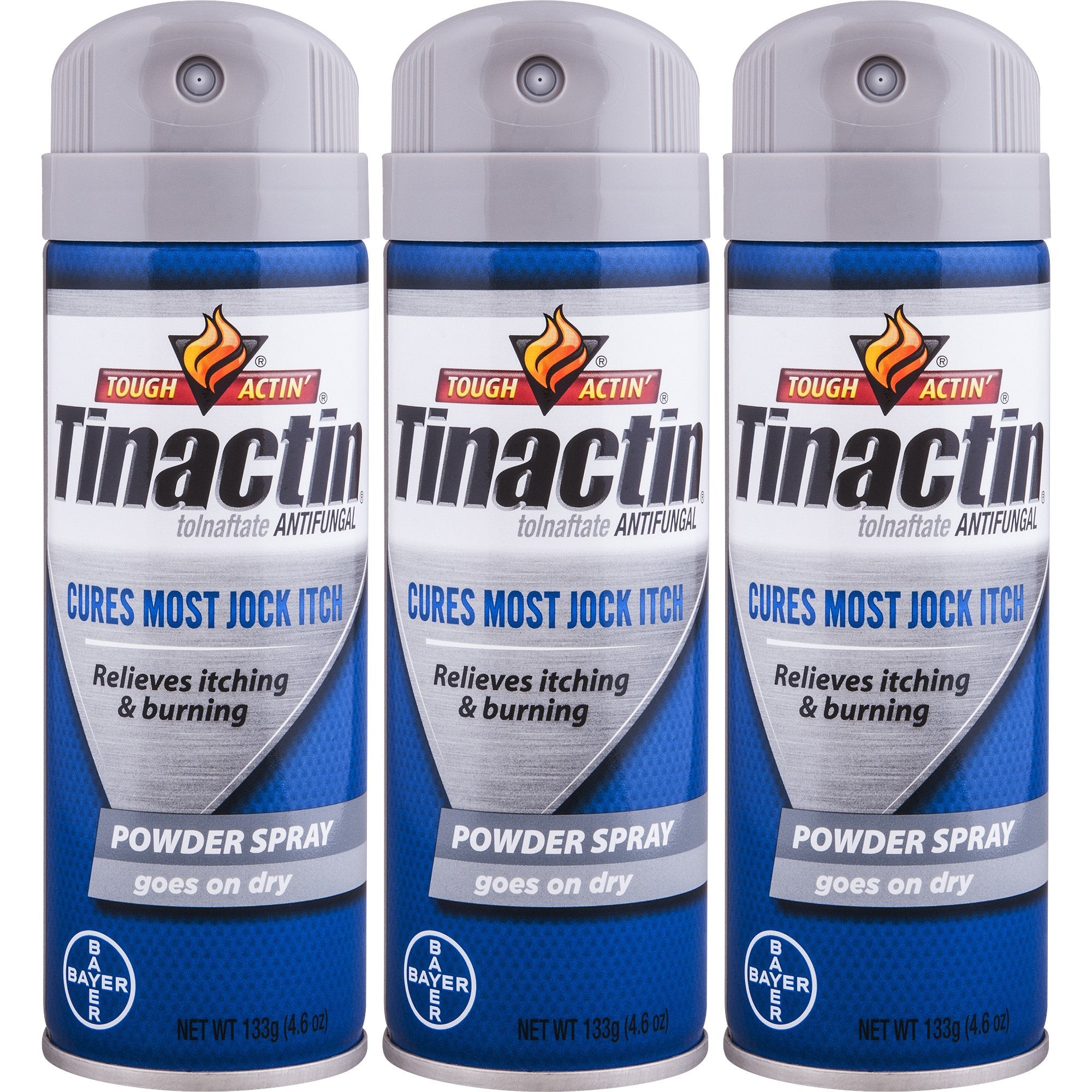 Tinactin Jock Itch Spray Powder packaging shows three bottles for convenient, on-the-go relief.