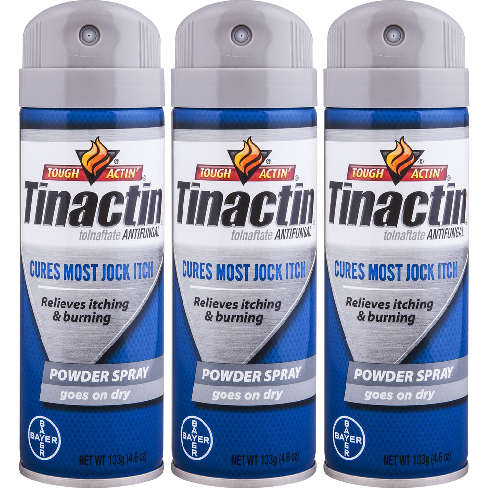 Tinactin Jock Itch Spray Powder packaging shows three bottles for convenient, on-the-go relief.