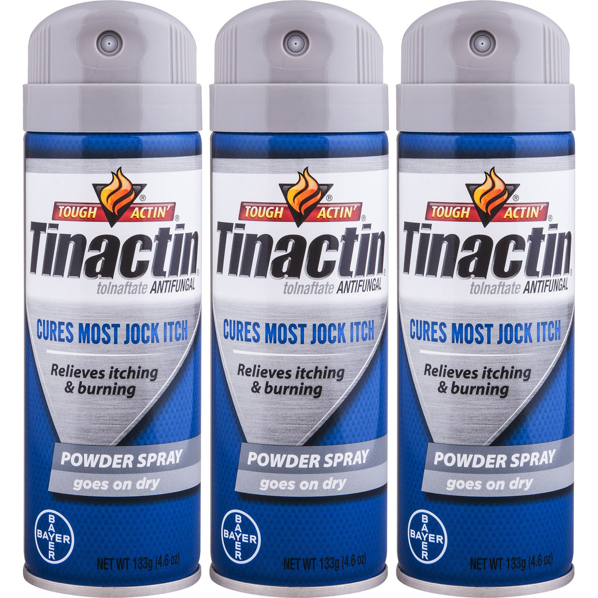 Tinactin Jock Itch Spray Powder packaging shows three bottles for convenient, on-the-go relief.