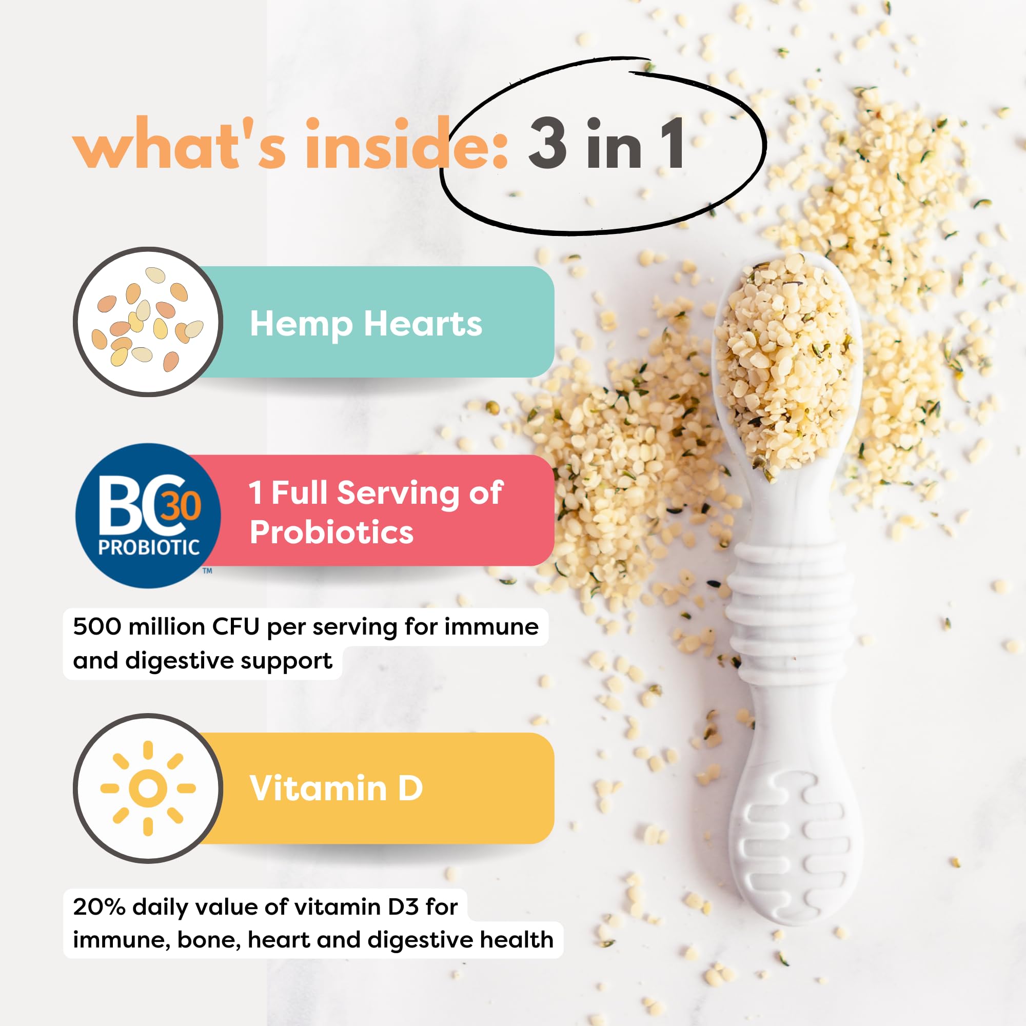 Tiny Sprouts hemp hearts spoon-dispense adds protein to smoothies and oats.