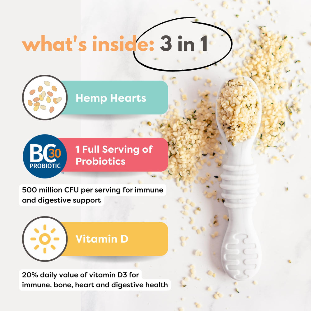 Tiny Sprouts hemp hearts spoon-dispense adds protein to smoothies and oats.