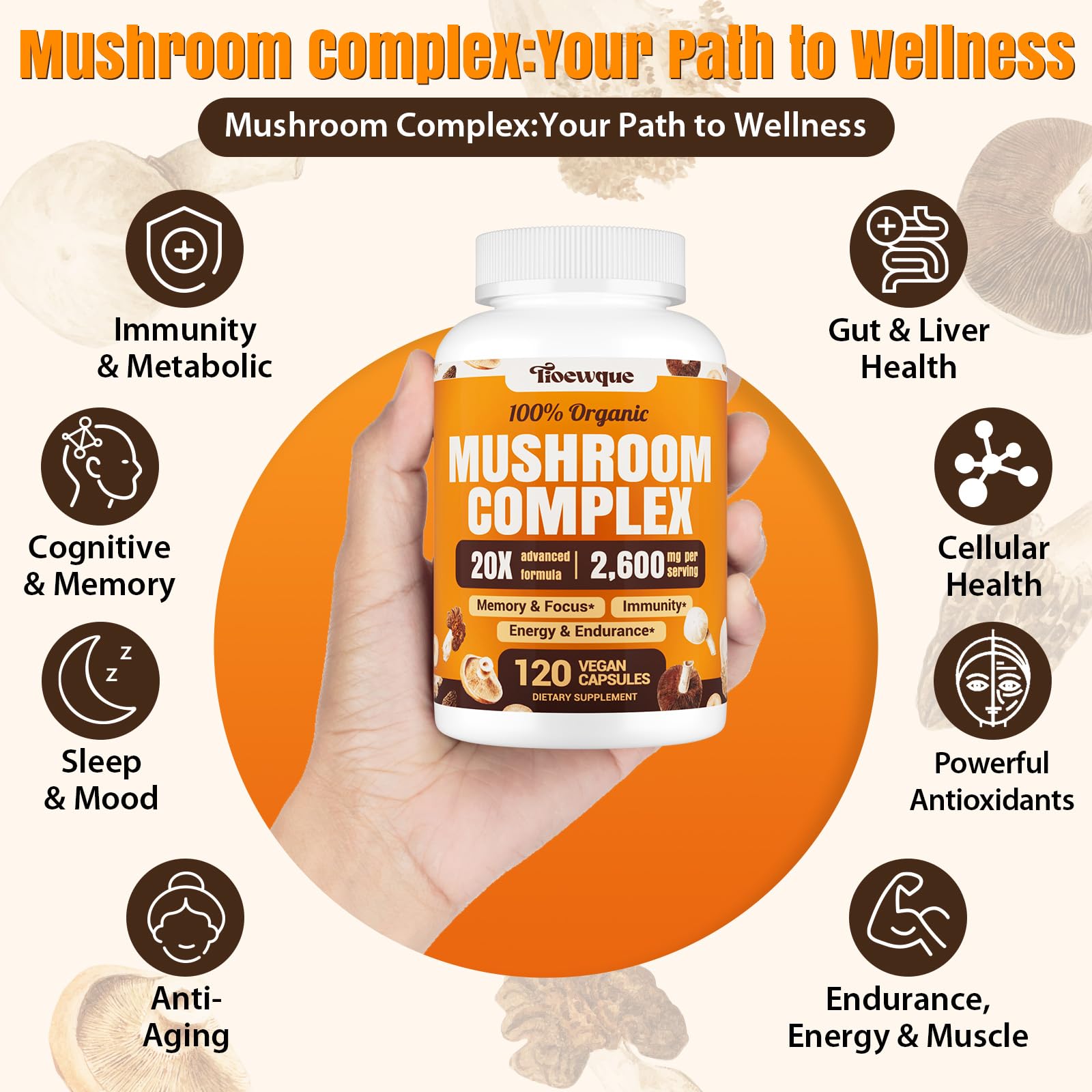 Tioewque Brain Mushroom Complex mushrooms variety highlights natural ingredients and wellness