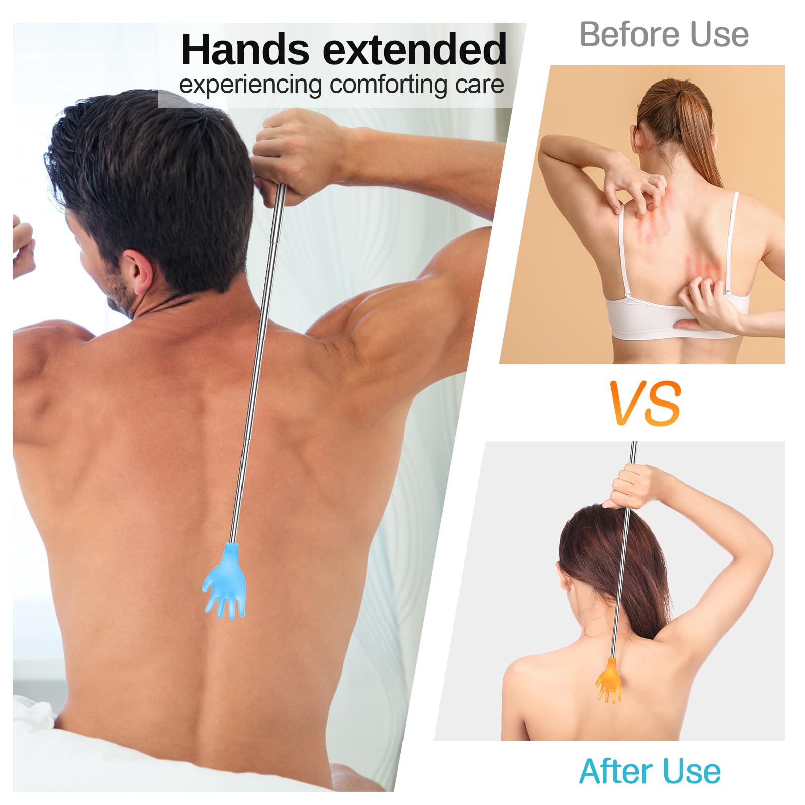 Tioncy back scratcher pairs safe plastic head with durable metal handle.