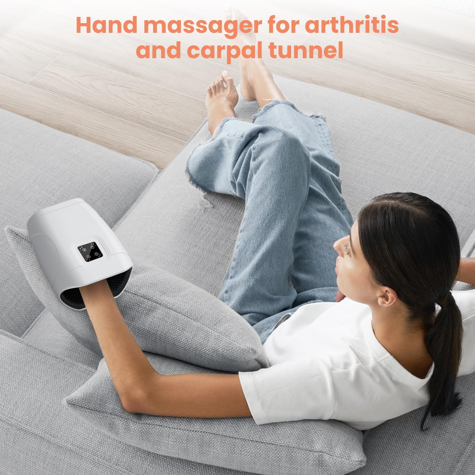 Air compression and gentle vibration ease finger fatigue and tension.