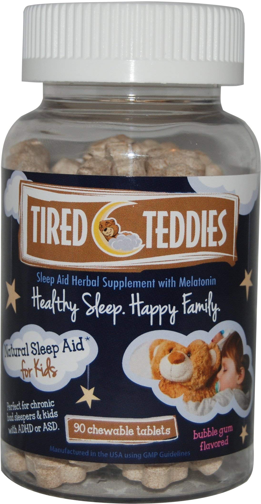 Tired Teddies kid melatonin bear chewables with bubblegum flavor for calm bedtimes.