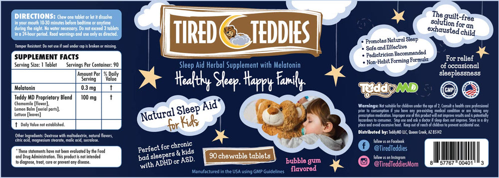 Tired Teddies melatonin chewables for kids in a bear shape, supporting gentle sleep routines.