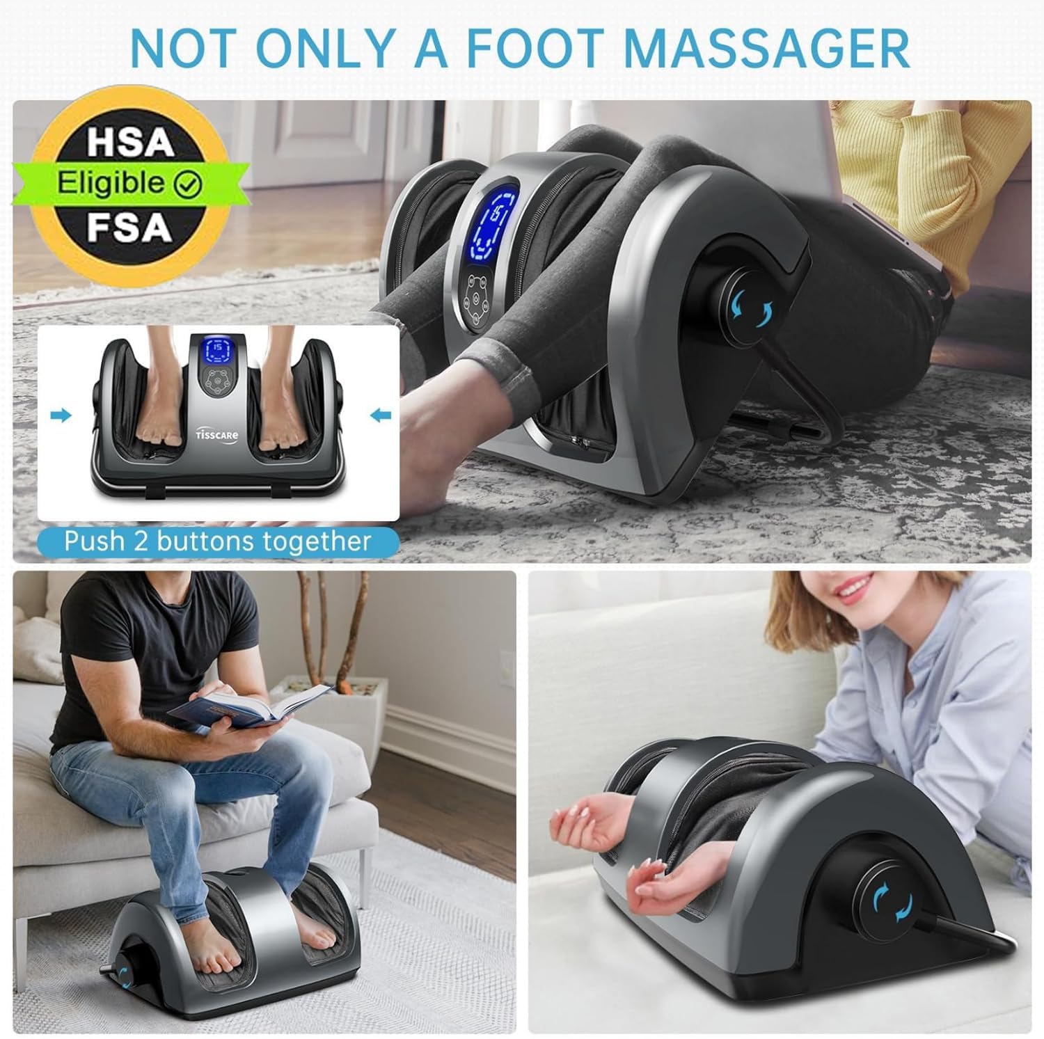 TISSCARE foot massager with 360-degree support bar demonstrates targeted calf and ankle relief.