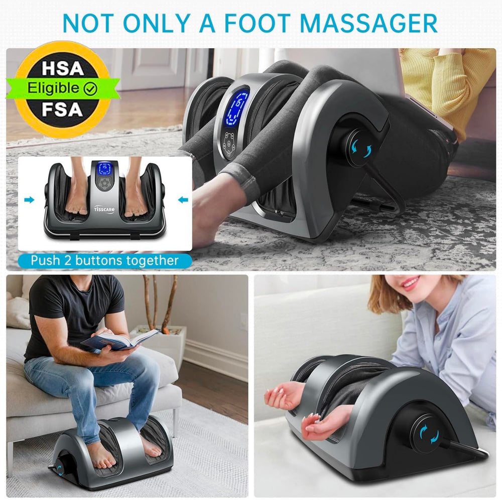 TISSCARE foot massager with 360-degree support bar demonstrates targeted calf and ankle relief.