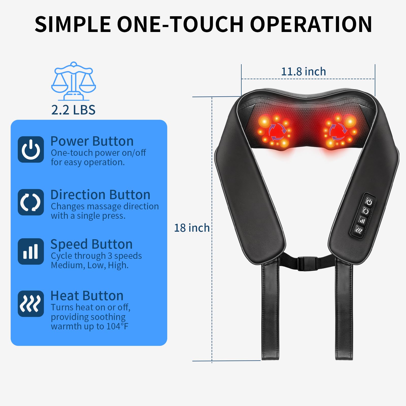 60-inch power cord and adjustable straps enable flexible positioning.
