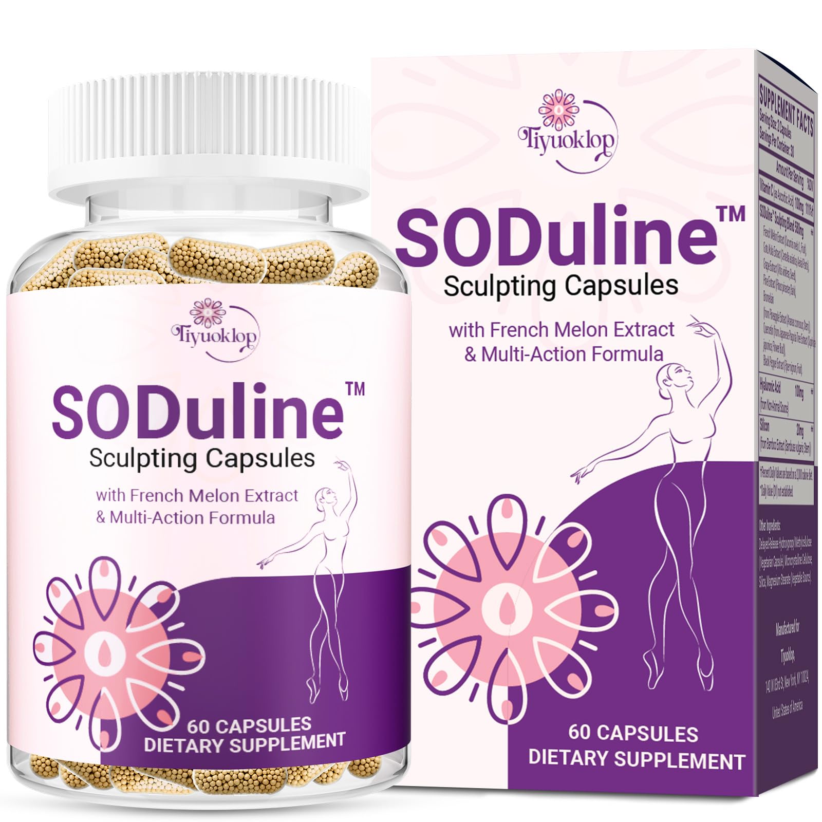 Tiyuoklop SODuline bottle pouring to show easy daily capsule routine for cellulite support.