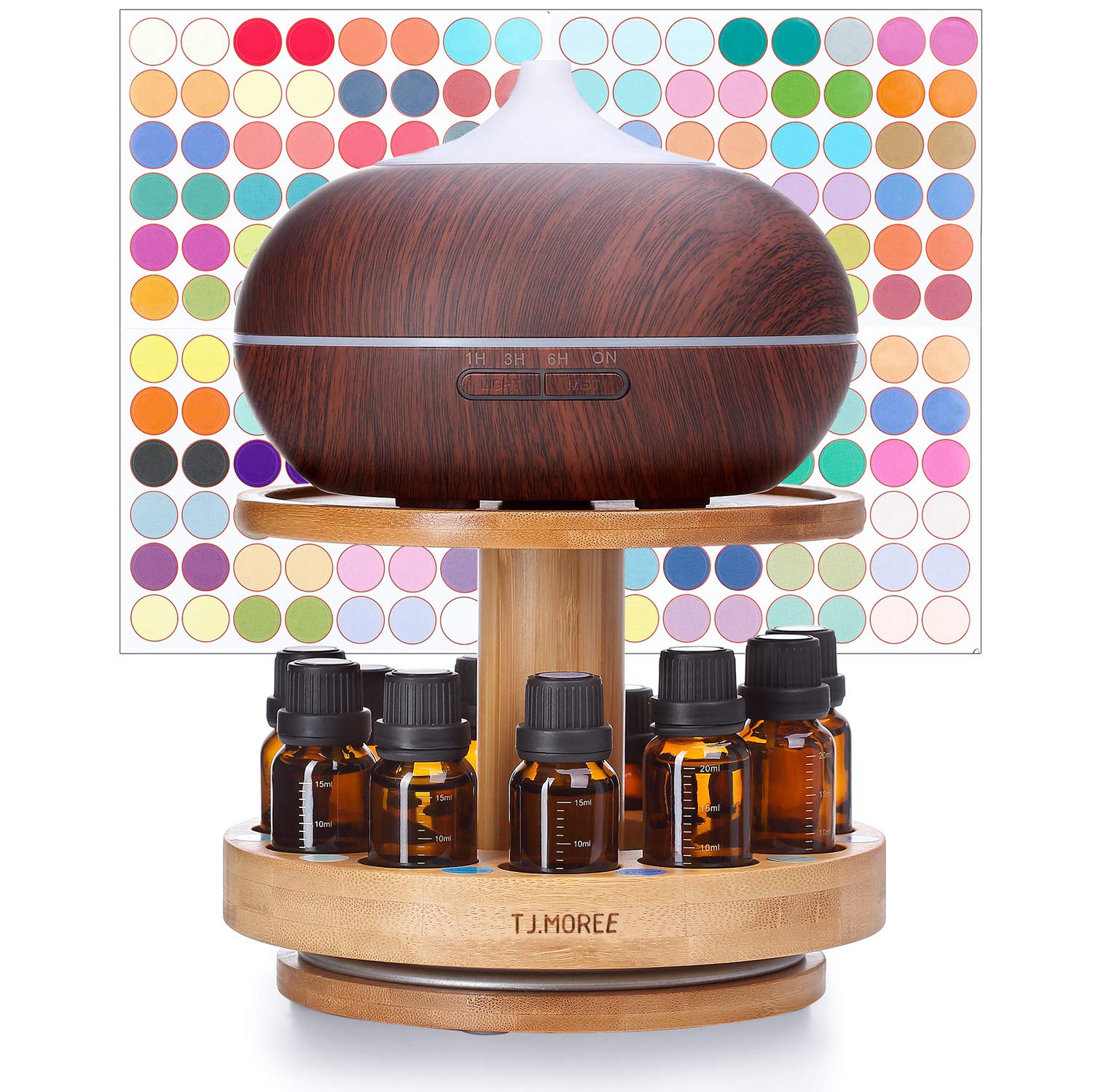TJ.MOREE bamboo diffuser holder carousel with two-tier rack for organized essential oil bottles.