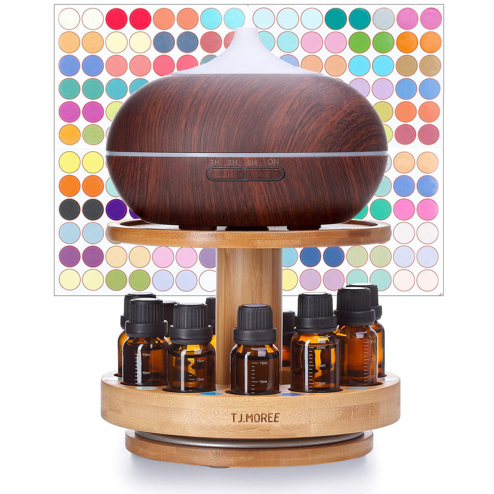 TJ.MOREE bamboo diffuser holder carousel with two-tier rack for organized essential oil bottles.