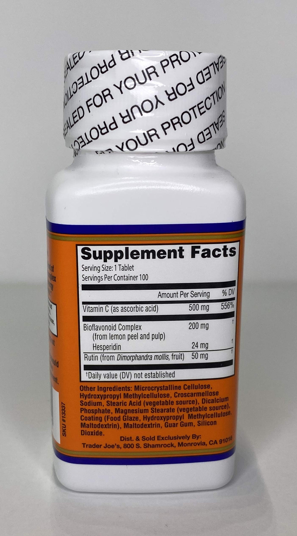 TJ's Vitamin C Complex bottle back label details with lemon bioflavonoids for daily use