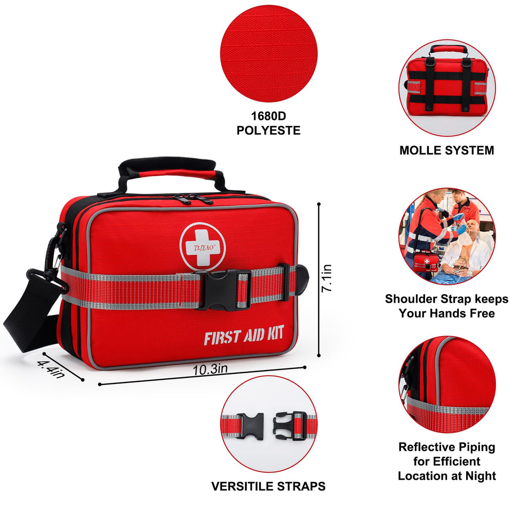 TLIEAO comprehensive first aid kit durable bag 1680D waterproof material for outdoor reliability.