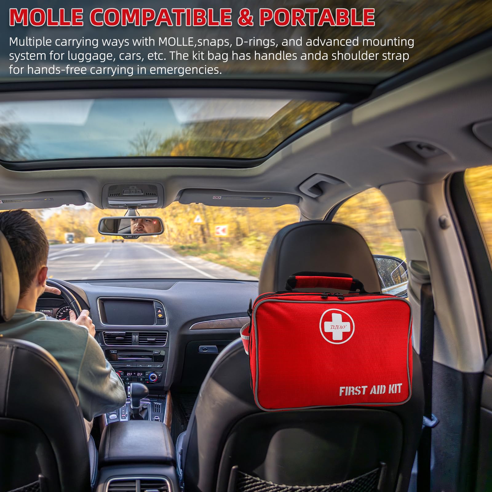 TLIEAO comprehensive first aid kit MOLLE system for secure backpack mounting.
